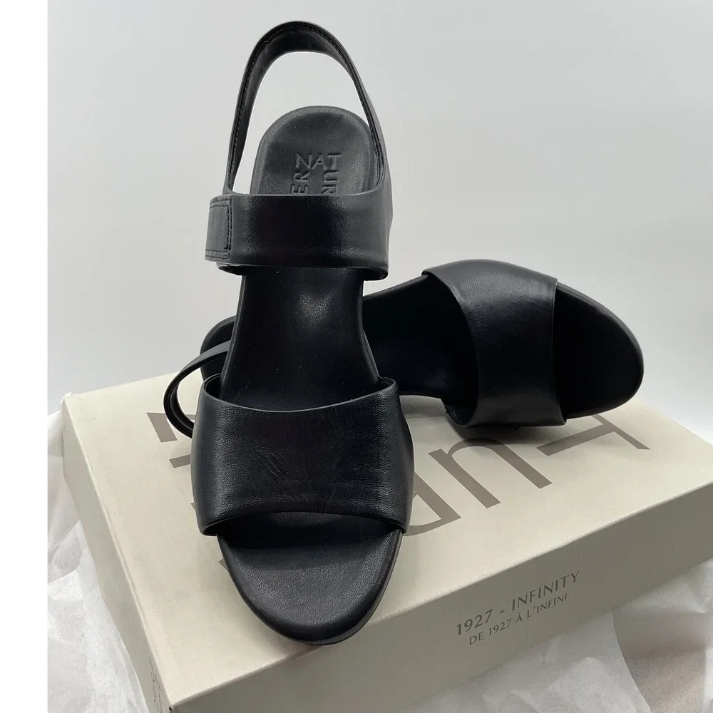 Naturalizer 27 Edit Ziv Black Leather Wedge Sandals Womens Slingback Strappy